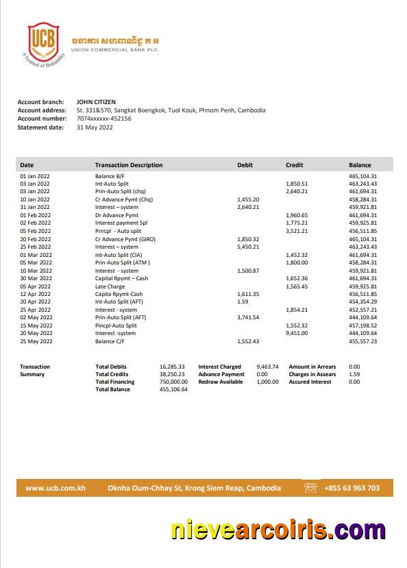 Cambodia Union Commercial bank statement Word and PDF